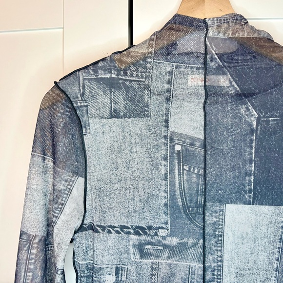 INTEMPO Graphic Patchwork Denim-Print Mesh Midi Dress - Picture 3 of 8